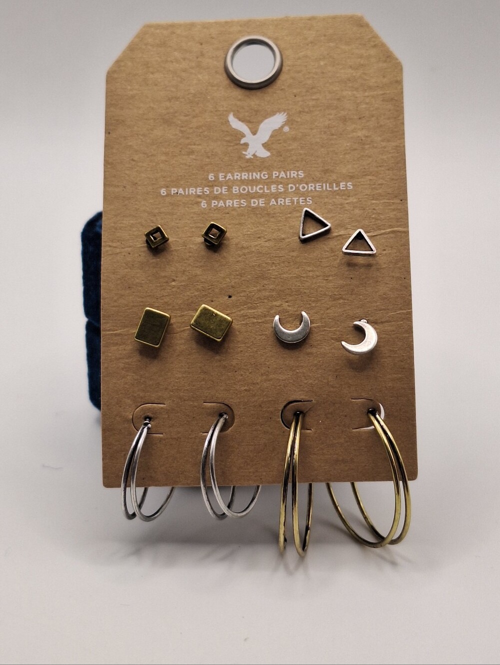 American Eagle 6 Pair Earrings Set Gold Silver Hoop Stud Moon Triangle